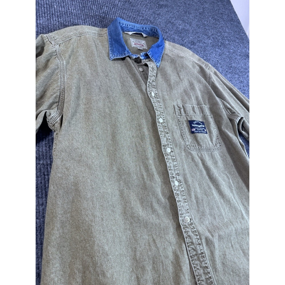 Nautica Denim Classic Fit Olive Blue Long Sleeve Button-Up Shirt XL Pocket - Picture 2 of 9